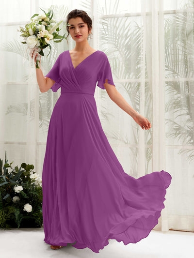 Carlyna Robe trapèze Col V Encolure croisée Manches papillon Longueur ras du sol Robes de demoiselle d'honneur Violet #couleur_violet