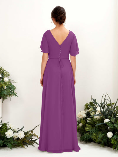 Carlyna Robe trapèze Col V Encolure croisée Manches papillon Longueur ras du sol Robes de demoiselle d'honneur Violet #couleur_violet