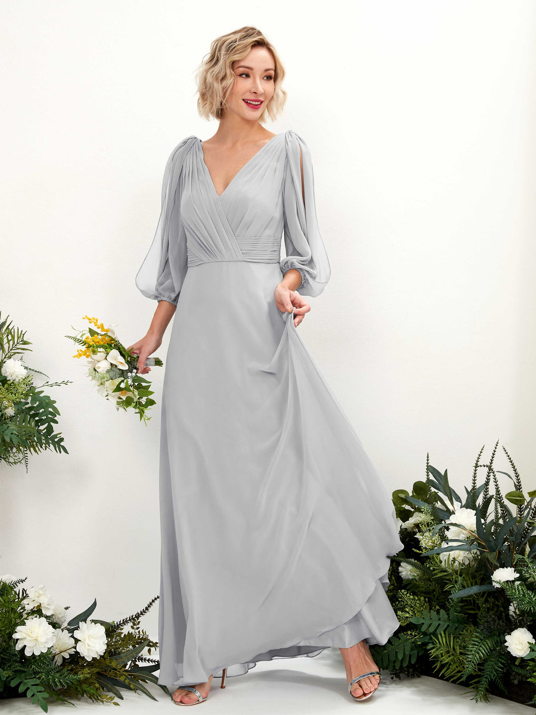 Carlyna Robe Trapèze Col V Encolure croisée Manches trois-quarts Longueur ras du sol Robes de demoiselle d&
