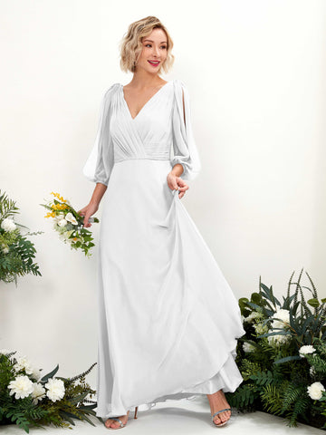 Carlyna Robe Trapèze Col V Encolure croisée Manches trois-quarts Longueur ras du sol Robes de demoiselle d'honneur Blanc #couleur_blanc