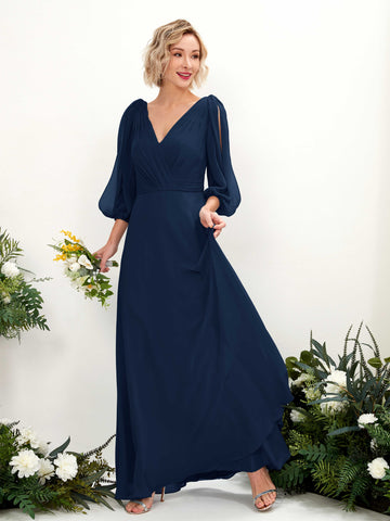 Carlyna Robe Trapèze Col V Encolure croisée Manches trois-quarts Longueur ras du sol Robes de demoiselle d'honneur Bleu Marine #couleur_bleu-marine