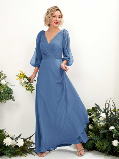Carlyna Robe Trapèze Col V Encolure croisée Manches trois-quarts Longueur ras du sol Robes de demoiselle d'honneur Bleu Poussiéreux #couleur_bleu-poussi-reux