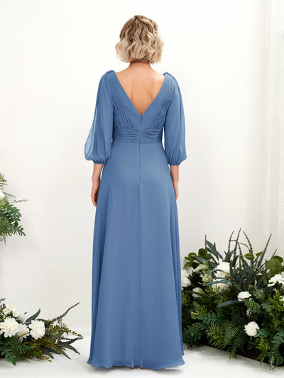 Carlyna Robe Trapèze Col V Encolure croisée Manches trois-quarts Longueur ras du sol Robes de demoiselle d'honneur Bleu Poussiéreux #couleur_bleu-poussi-reux