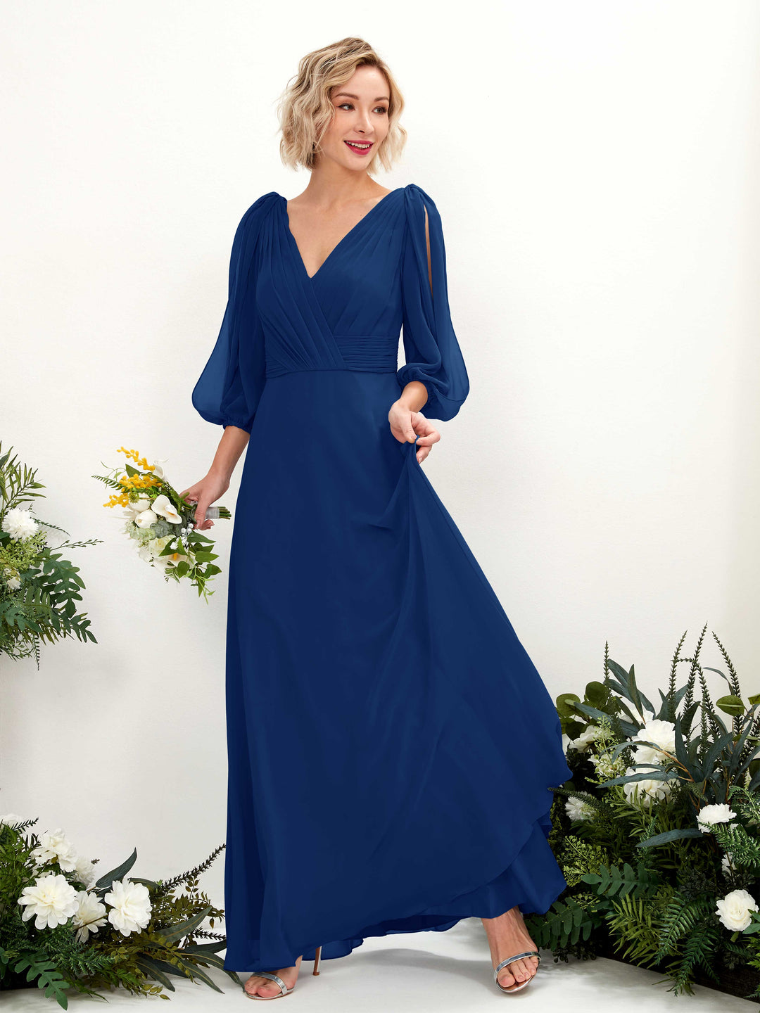 Carlyna Robe Trapèze Col V Encolure croisée Manches trois-quarts Longueur ras du sol Robes de demoiselle d&