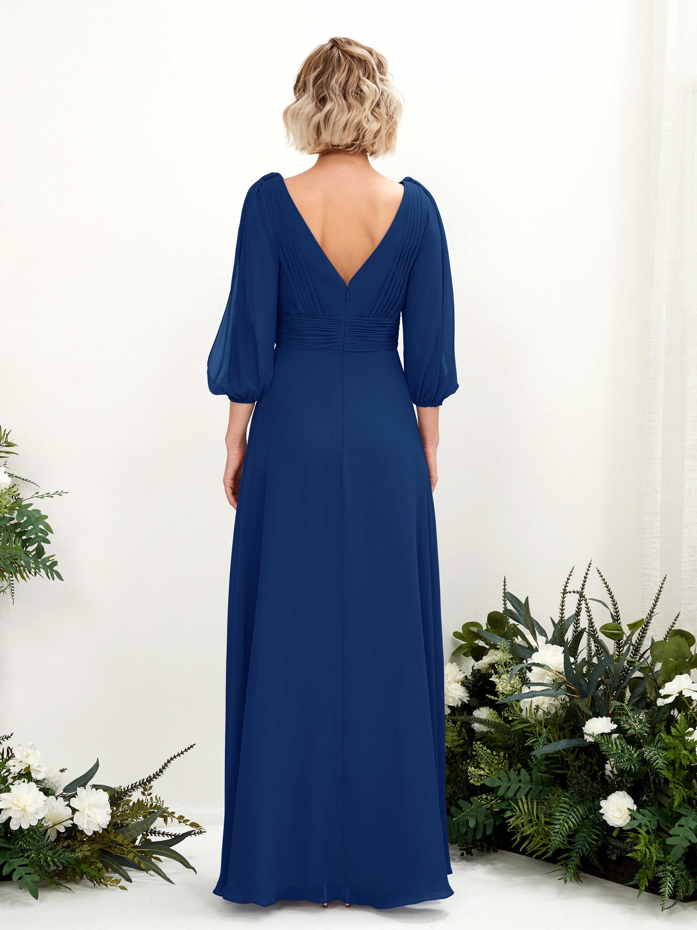 Carlyna Robe Trapèze Col V Encolure croisée Manches trois-quarts Longueur ras du sol Robes de demoiselle d'honneur Bleu Roi #couleur_bleu-roi