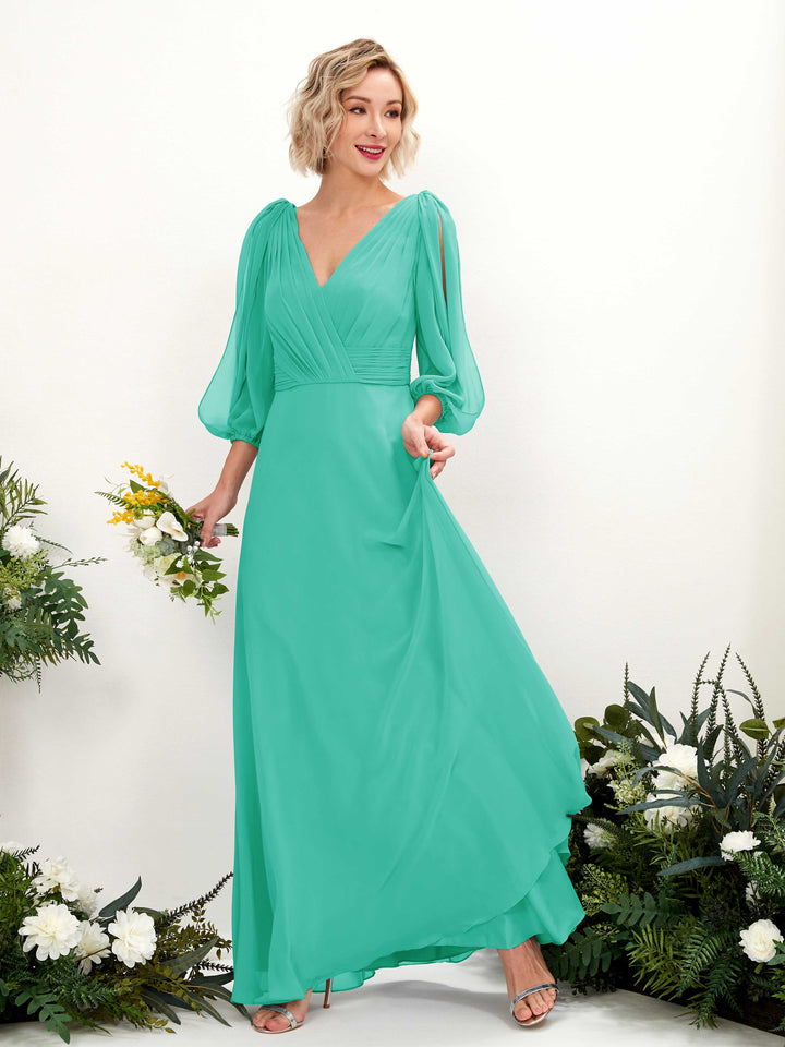 Carlyna Robe Trapèze Col V Encolure croisée Manches trois-quarts Longueur ras du sol Robes de demoiselle d&