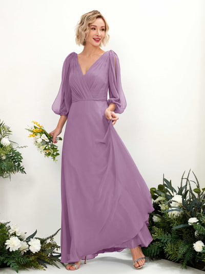 Carlyna Robe Trapèze Col V Encolure croisée Manches trois-quarts Longueur ras du sol Robes de demoiselle d'honneur Brume Orchidée #couleur_brume-orchid-e