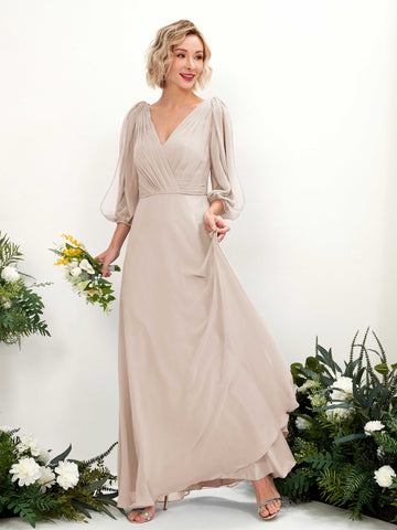 Carlyna Robe Trapèze Col V Encolure croisée Manches trois-quarts Longueur ras du sol Robes de demoiselle d'honneur Champagne #couleur_champagne