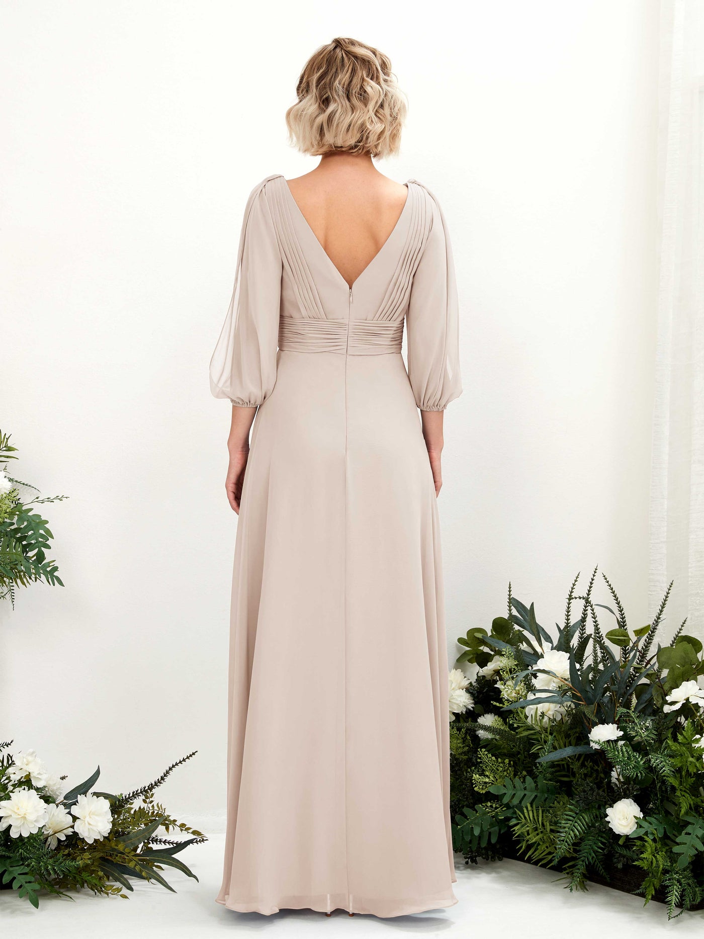 Carlyna Robe Trapèze Col V Encolure croisée Manches trois-quarts Longueur ras du sol Robes de demoiselle d'honneur Champagne #couleur_champagne