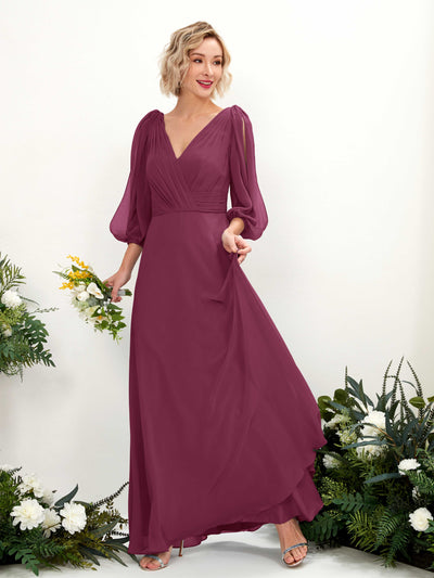 Carlyna Robe Trapèze Col V Encolure croisée Manches trois-quarts Longueur ras du sol Robes de demoiselle d'honneur Chianti #couleur_chianti