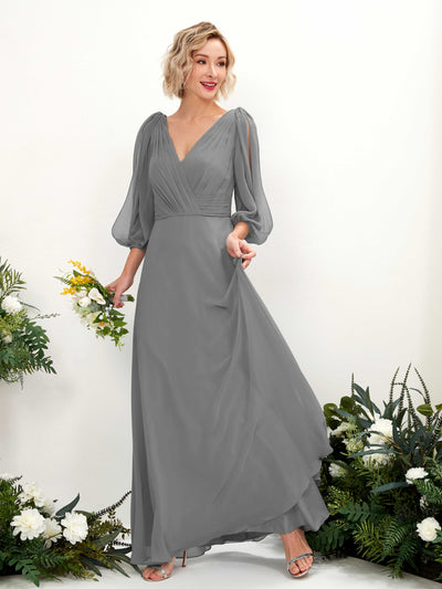 Carlyna Robe Trapèze Col V Encolure croisée Manches trois-quarts Longueur ras du sol Robes de demoiselle d'honneur Gris Acier #couleur_gris-acier