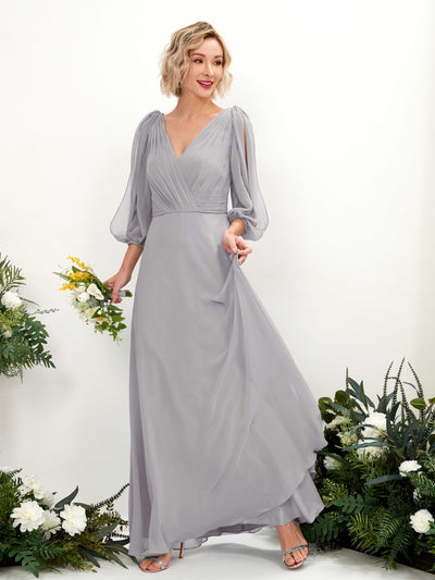 Carlyna Robe Trapèze Col V Encolure croisée Manches trois-quarts Longueur ras du sol Robes de demoiselle d'honneur Gris Boussole #couleur_gris-boussole