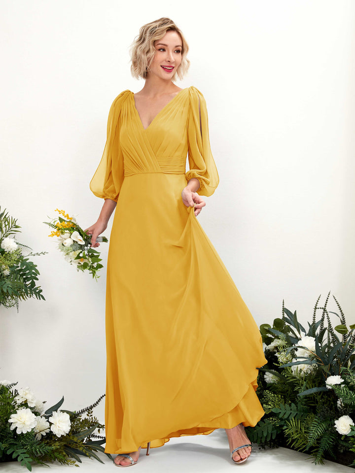 Carlyna Robe Trapèze Col V Encolure croisée Manches trois-quarts Longueur ras du sol Robes de demoiselle d&