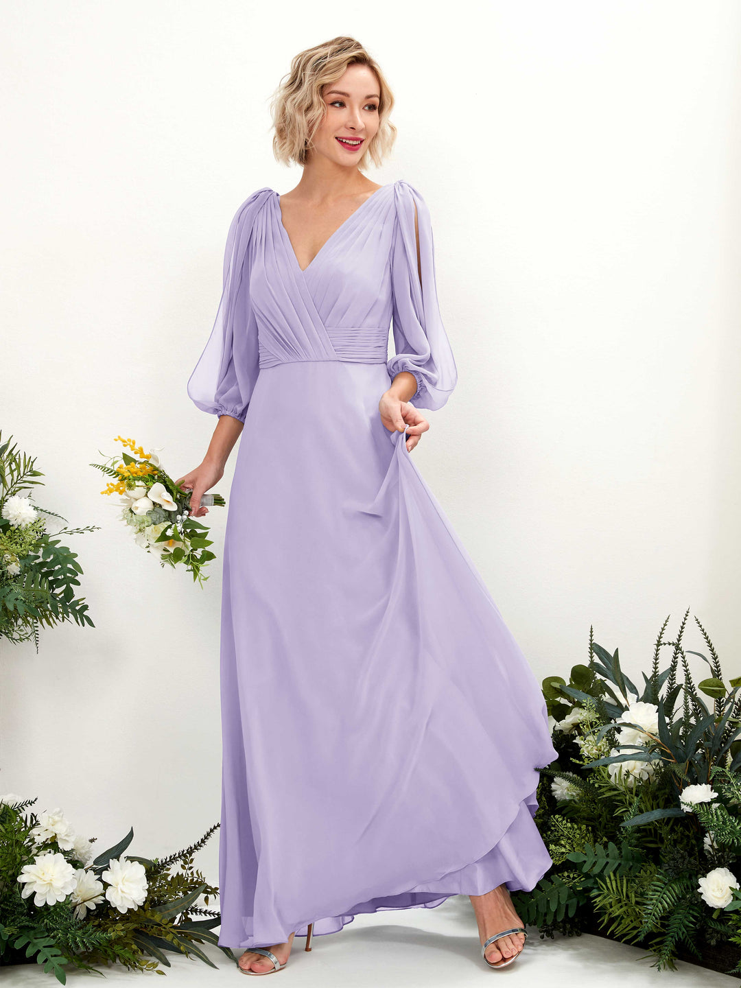 Carlyna Robe Trapèze Col V Encolure croisée Manches trois-quarts Longueur ras du sol Robes de demoiselle d&