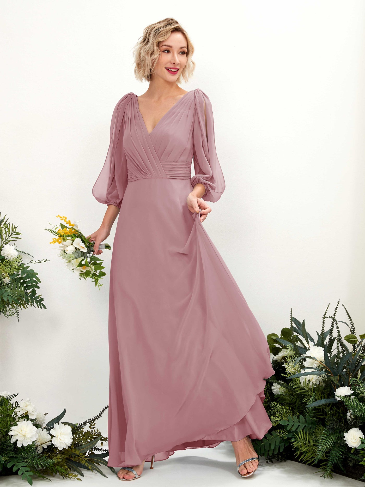 Carlyna Robe Trapèze Col V Encolure croisée Manches trois-quarts Longueur ras du sol Robes de demoiselle d'honneur Mauve Vintage #couleur_mauve-vintage