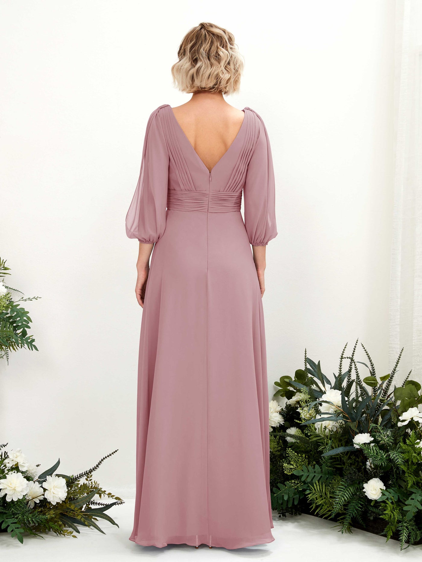 Carlyna Robe Trapèze Col V Encolure croisée Manches trois-quarts Longueur ras du sol Robes de demoiselle d'honneur Mauve Vintage #couleur_mauve-vintage