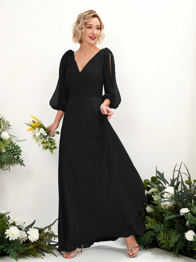 Carlyna Robe Trapèze Col V Encolure croisée Manches trois-quarts Longueur ras du sol Robes de demoiselle d'honneur Noir #couleur_noir