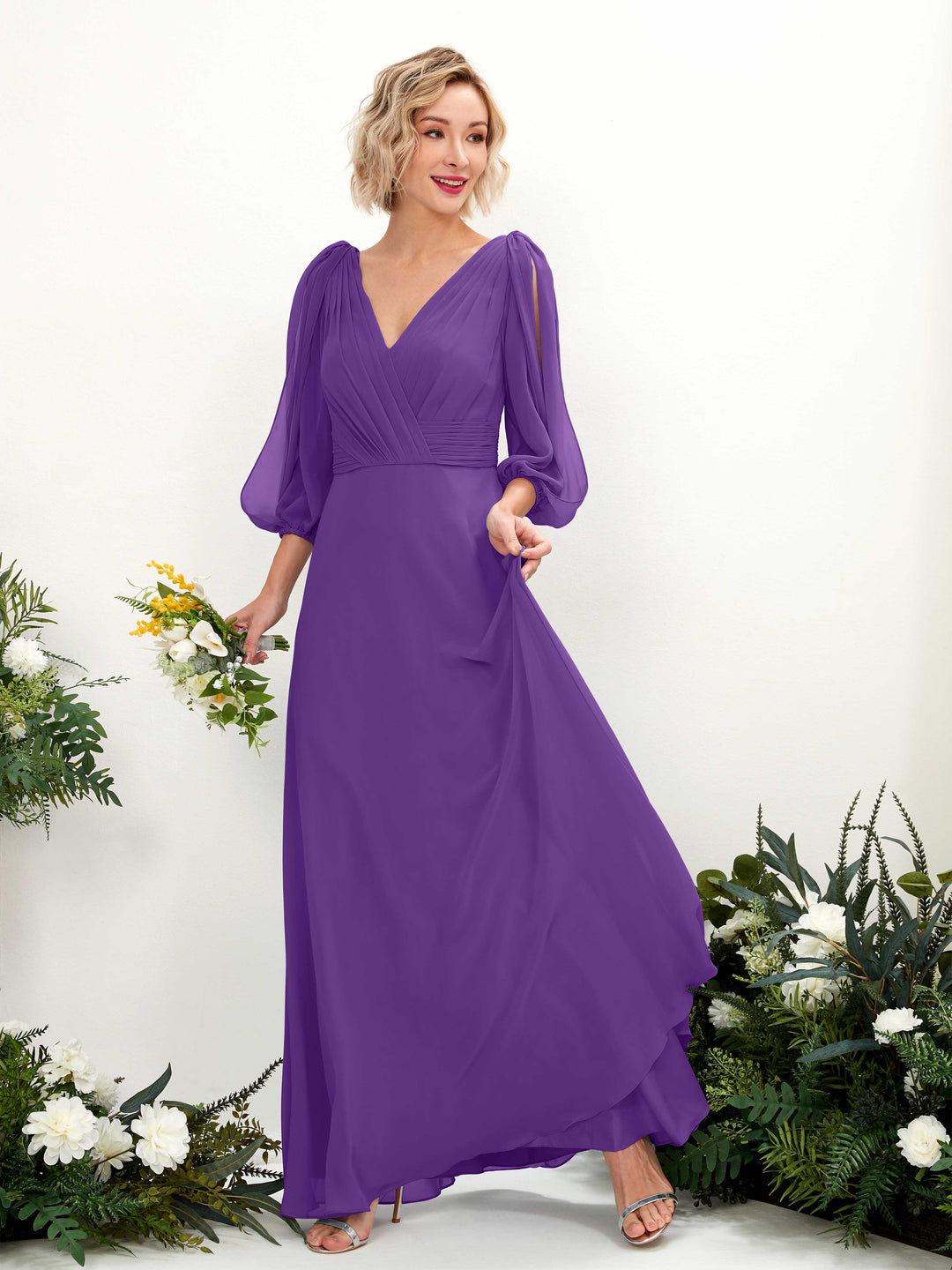 Carlyna Robe Trapèze Col V Encolure croisée Manches trois-quarts Longueur ras du sol Robes de demoiselle d&