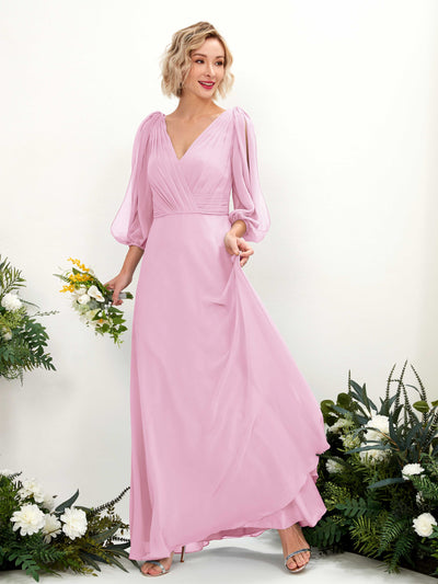 Carlyna Robe Trapèze Col V Encolure croisée Manches trois-quarts Longueur ras du sol Robes de demoiselle d'honneur Rose Bonbon #couleur_rose-bonbon