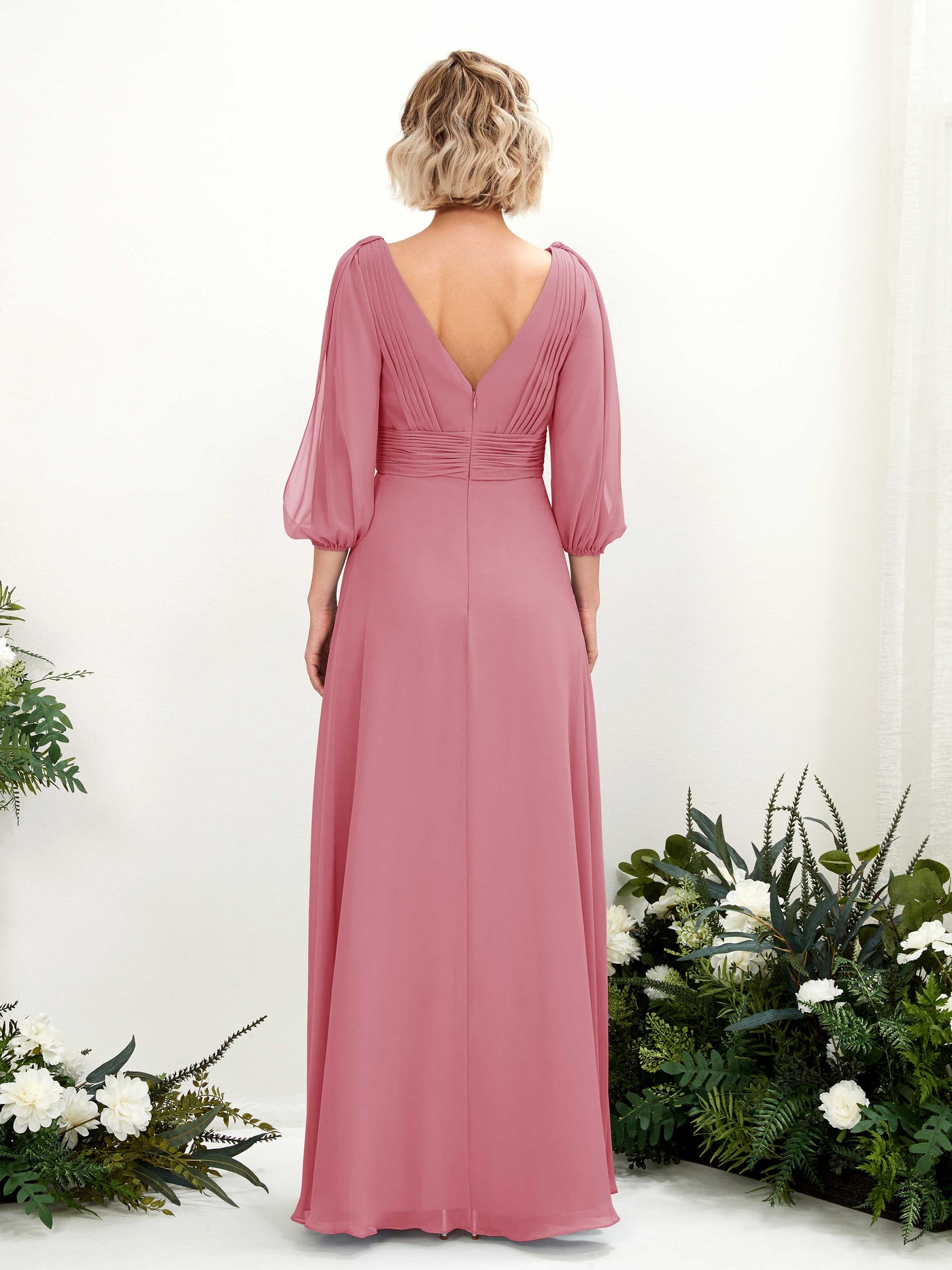Carlyna Robe Trapèze Col V Encolure croisée Manches trois-quarts Longueur ras du sol Robes de demoiselle d'honneur Rose Du Désert #couleur_rose-du-d-sert
