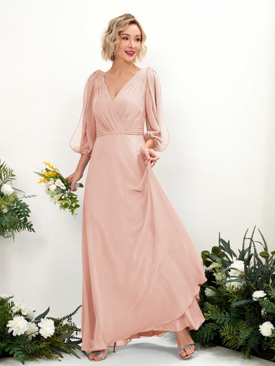 Carlyna Robe Trapèze Col V Encolure croisée Manches trois-quarts Longueur ras du sol Robes de demoiselle d'honneur Rose Perle #couleur_rose-perle