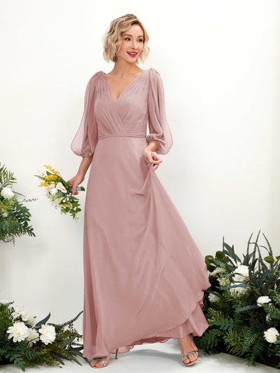 Carlyna Robe Trapèze Col V Encolure croisée Manches trois-quarts Longueur ras du sol Robes de demoiselle d'honneur Rose Poussiéreux #couleur_rose-poussi-reux