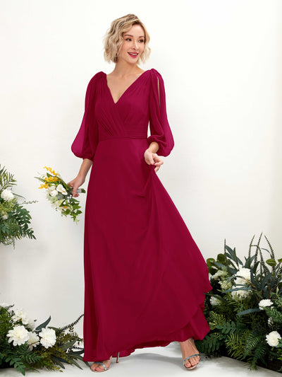 Carlyna Robe Trapèze Col V Encolure croisée Manches trois-quarts Longueur ras du sol Robes de demoiselle d'honneur Rouge Bouffon #couleur_rouge-bouffon