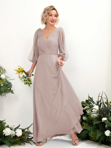 Carlyna Robe Trapèze Col V Encolure croisée Manches trois-quarts Longueur ras du sol Robes de demoiselle d'honneur Taupe #couleur_taupe
