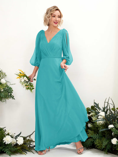 Carlyna Robe Trapèze Col V Encolure croisée Manches trois-quarts Longueur ras du sol Robes de demoiselle d'honneur Turquoise #couleur_turquoise