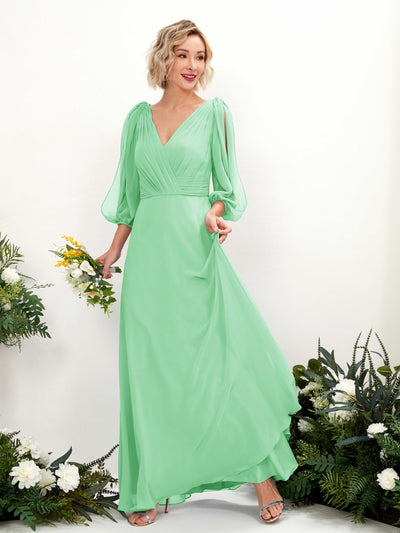 Carlyna Robe Trapèze Col V Encolure croisée Manches trois-quarts Longueur ras du sol Robes de demoiselle d'honneur Vert Menthe #couleur_vert-menthe