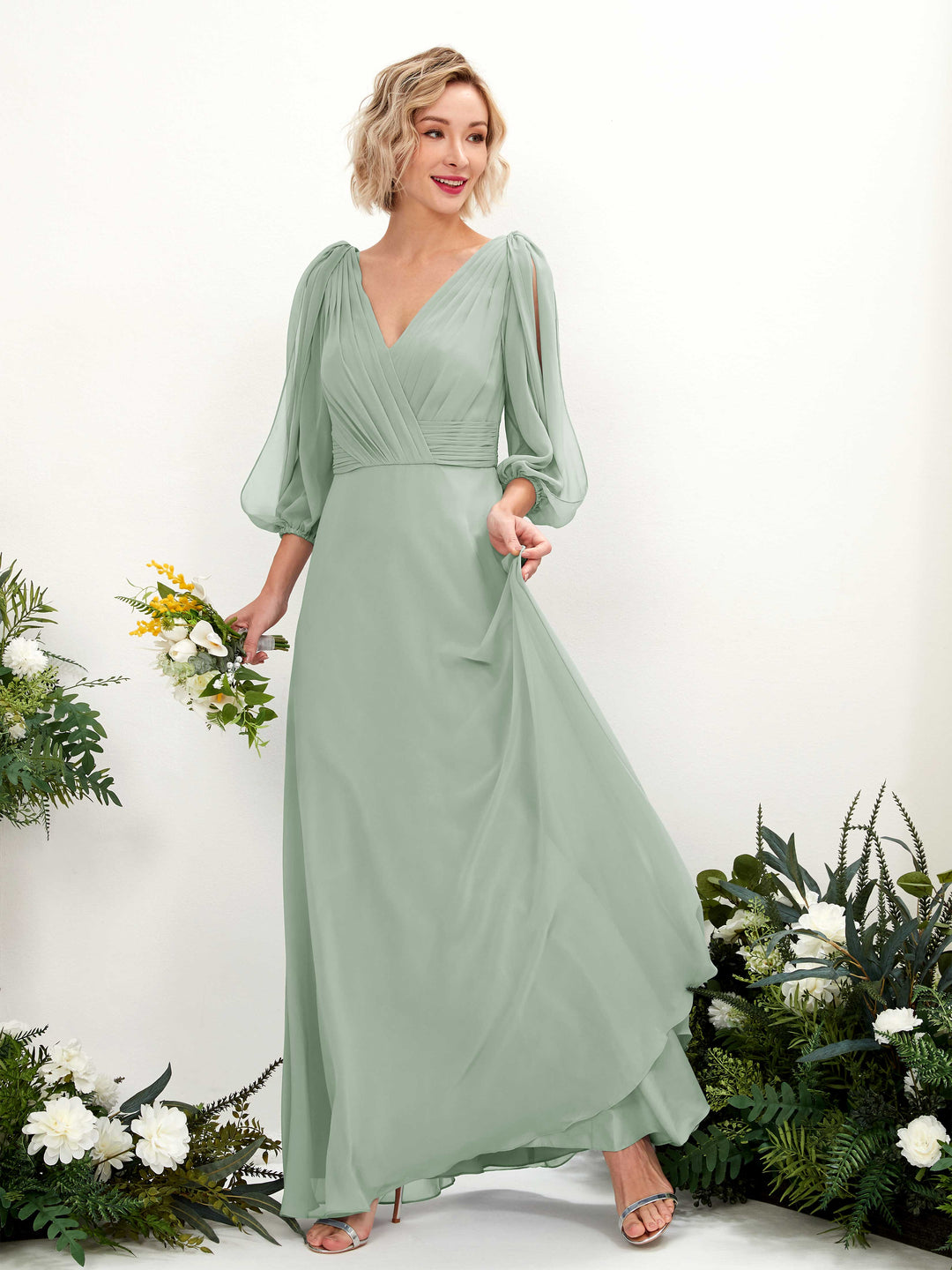 Carlyna Robe Trapèze Col V Encolure croisée Manches trois-quarts Longueur ras du sol Robes de demoiselle d&