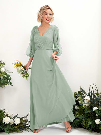 Carlyna Robe Trapèze Col V Encolure croisée Manches trois-quarts Longueur ras du sol Robes de demoiselle d'honneur Vert Sauge Foncé #couleur_vert-sauge-fonc