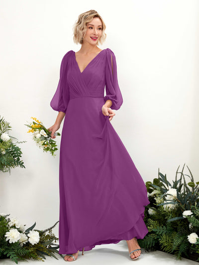 Carlyna Robe Trapèze Col V Encolure croisée Manches trois-quarts Longueur ras du sol Robes de demoiselle d'honneur Violet #couleur_violet