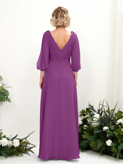 Carlyna Robe Trapèze Col V Encolure croisée Manches trois-quarts Longueur ras du sol Robes de demoiselle d'honneur Violet #couleur_violet