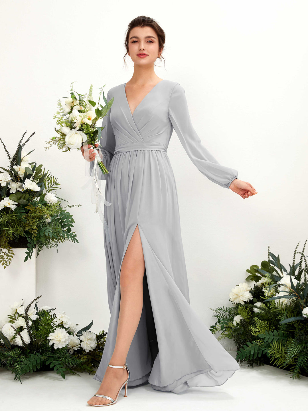 Carlyna Robe trapèze col V fente jambe manches longues longueur sol demoiselle d&