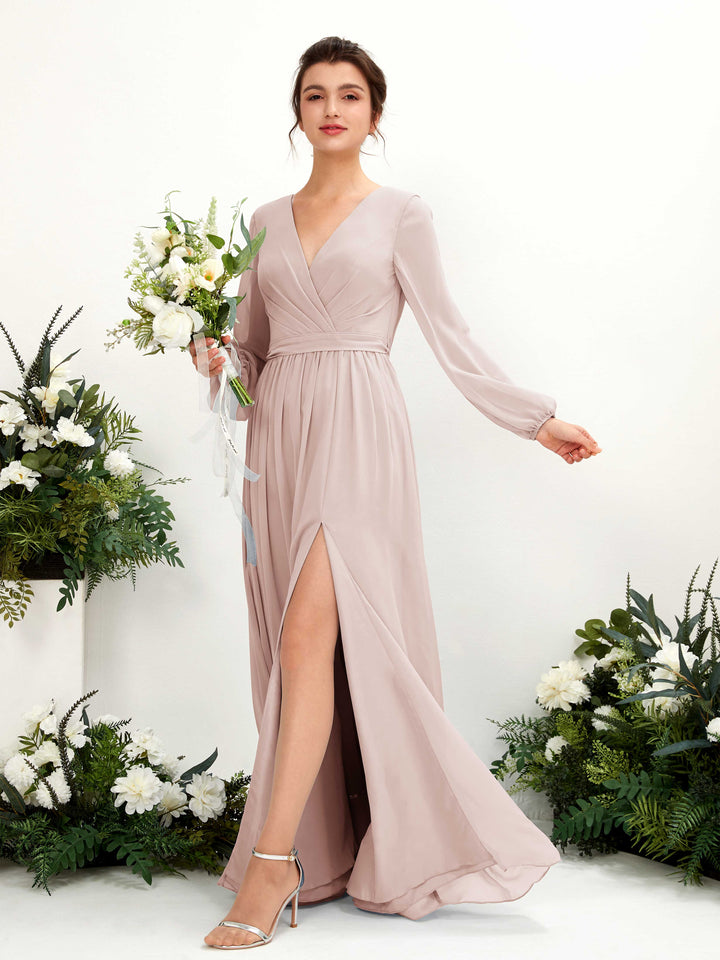 Carlyna Robe trapèze col V fente jambe manches longues longueur sol demoiselle d&