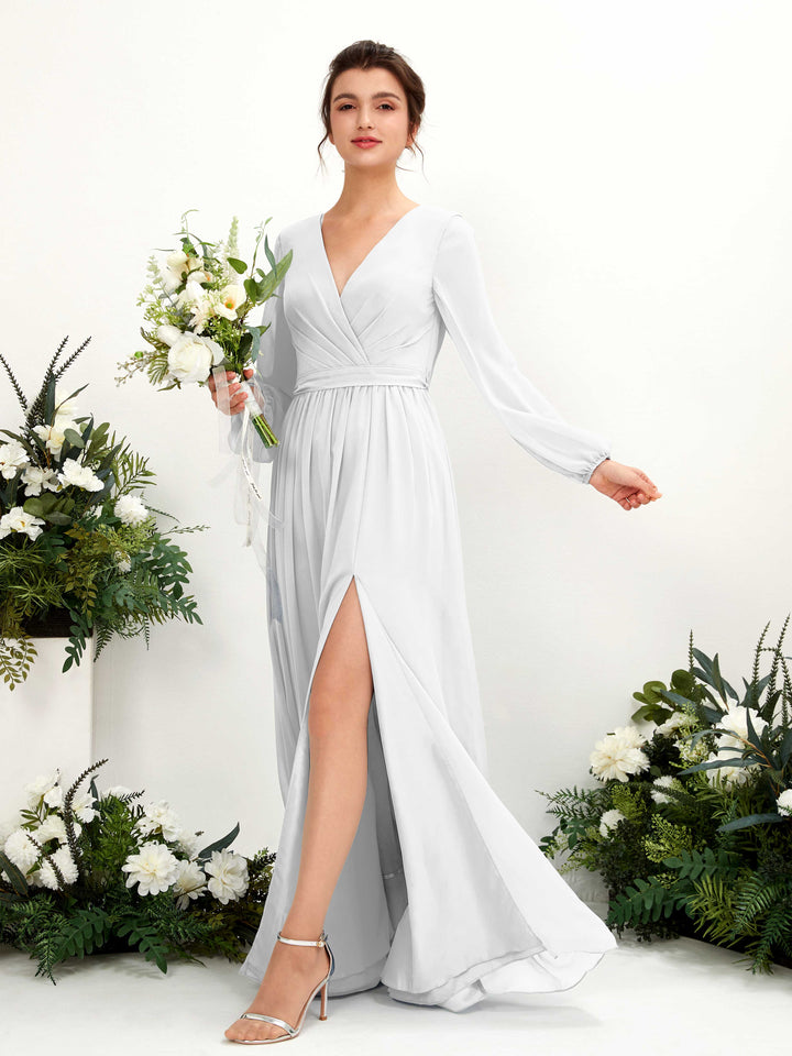 Carlyna Robe trapèze col V fente jambe manches longues longueur sol demoiselle d&