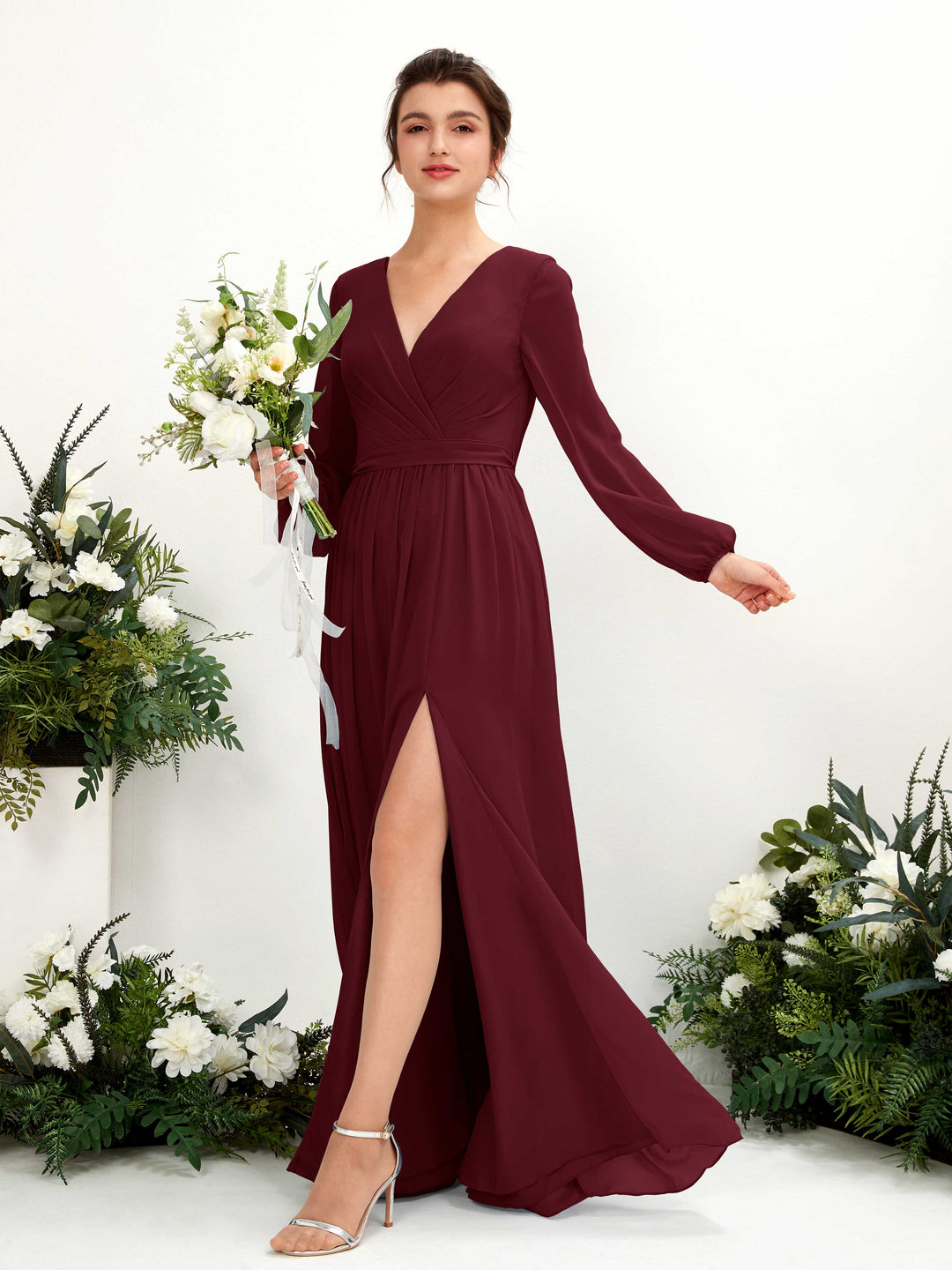 Carlyna Robe trapèze col V fente jambe manches longues longueur sol demoiselle d&