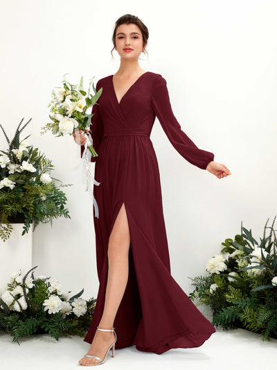 Carlyna Robe trapèze col V fente jambe manches longues longueur sol demoiselle d'honneur Bordeaux #couleur_bordeaux