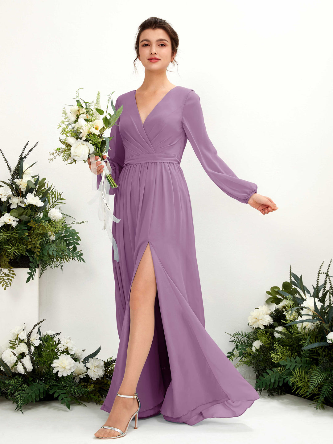 Carlyna Robe trapèze col V fente jambe manches longues longueur sol demoiselle d&