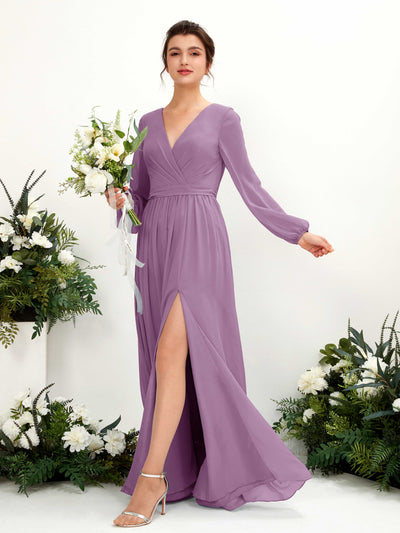 Carlyna Robe trapèze col V fente jambe manches longues longueur sol demoiselle d'honneur Brume Orchidée #couleur_brume-orchid-e
