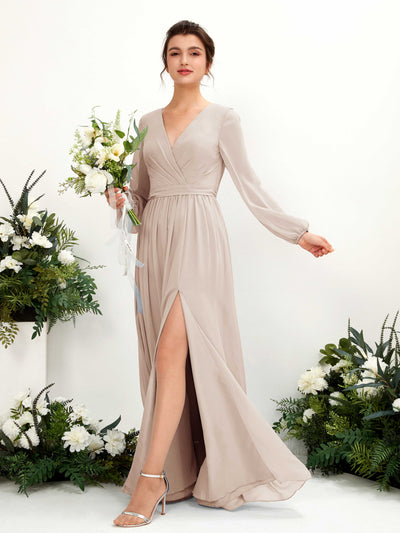 Carlyna Robe trapèze col V fente jambe manches longues longueur sol demoiselle d'honneur Champagne #couleur_champagne
