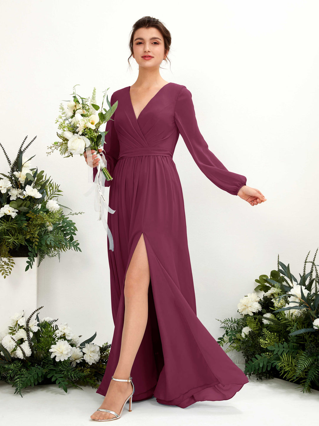 Carlyna Robe trapèze col V fente jambe manches longues longueur sol demoiselle d&