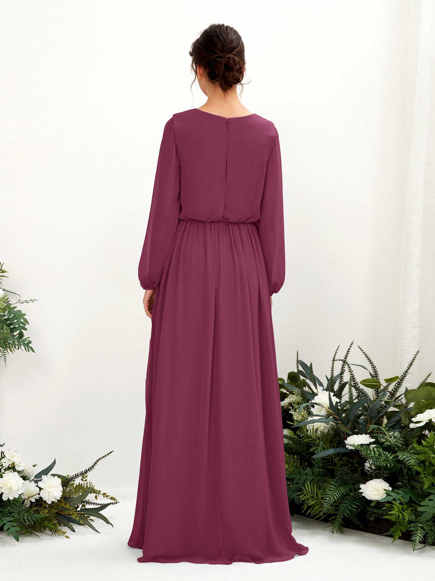 Carlyna Robe trapèze col V fente jambe manches longues longueur sol demoiselle d'honneur Chianti #couleur_chianti