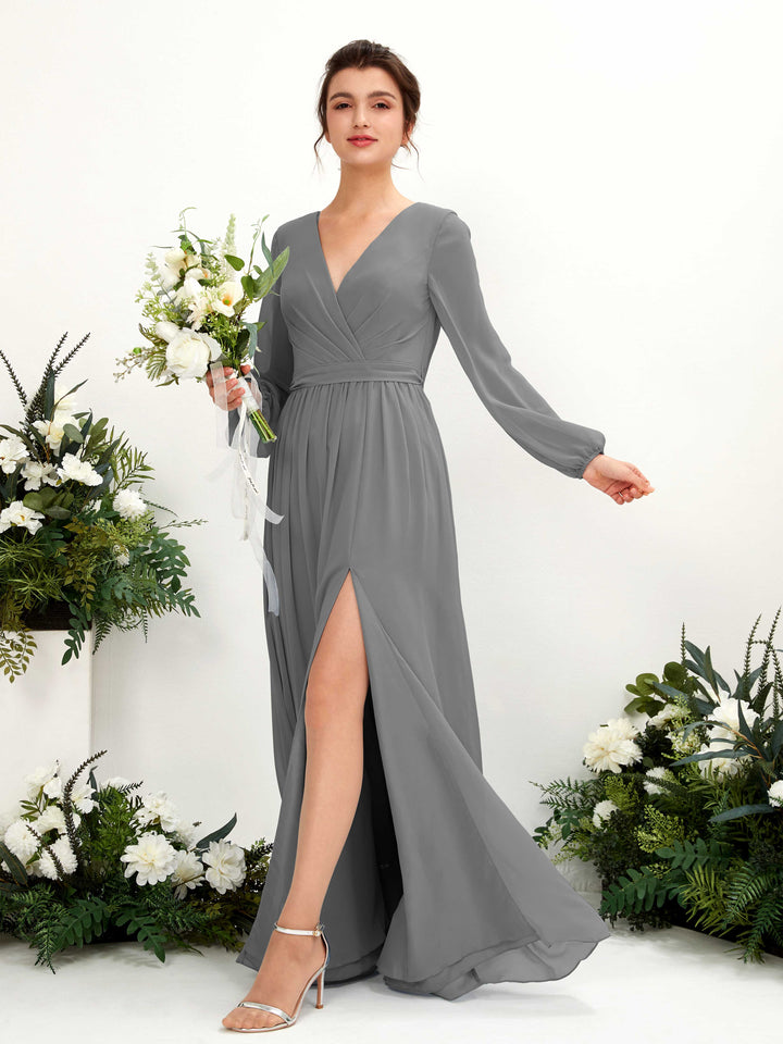 Carlyna Robe trapèze col V fente jambe manches longues longueur sol demoiselle d&