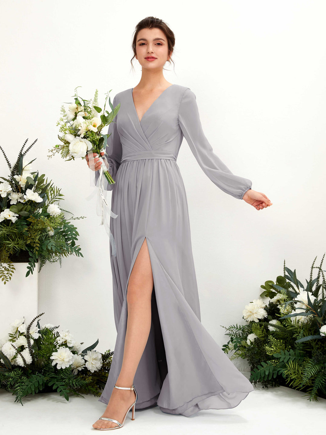 Carlyna Robe trapèze col V fente jambe manches longues longueur sol demoiselle d&