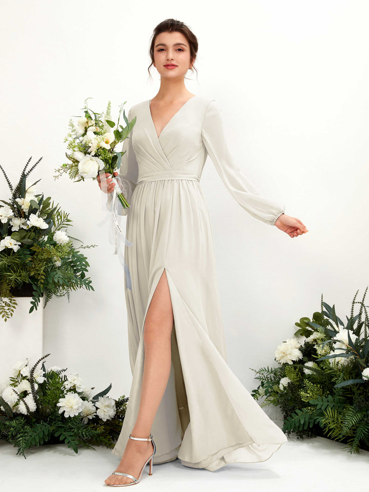 Carlyna Robe trapèze col V fente jambe manches longues longueur sol demoiselle d&