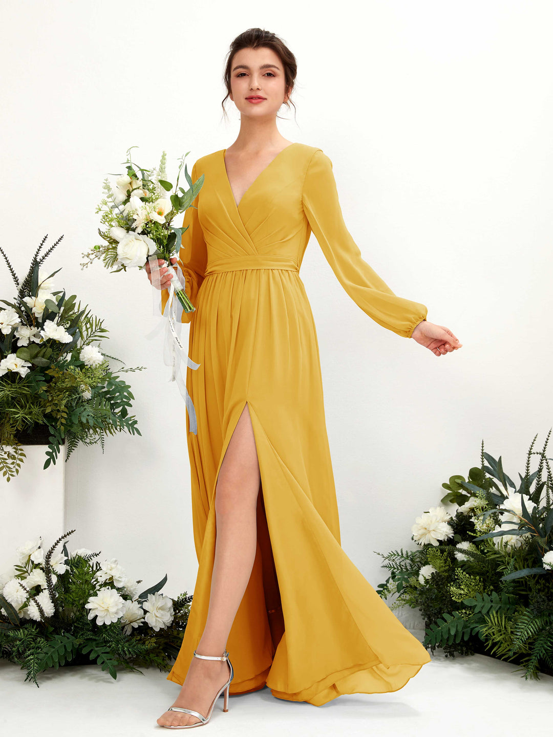 Carlyna Robe trapèze col V fente jambe manches longues longueur sol demoiselle d&