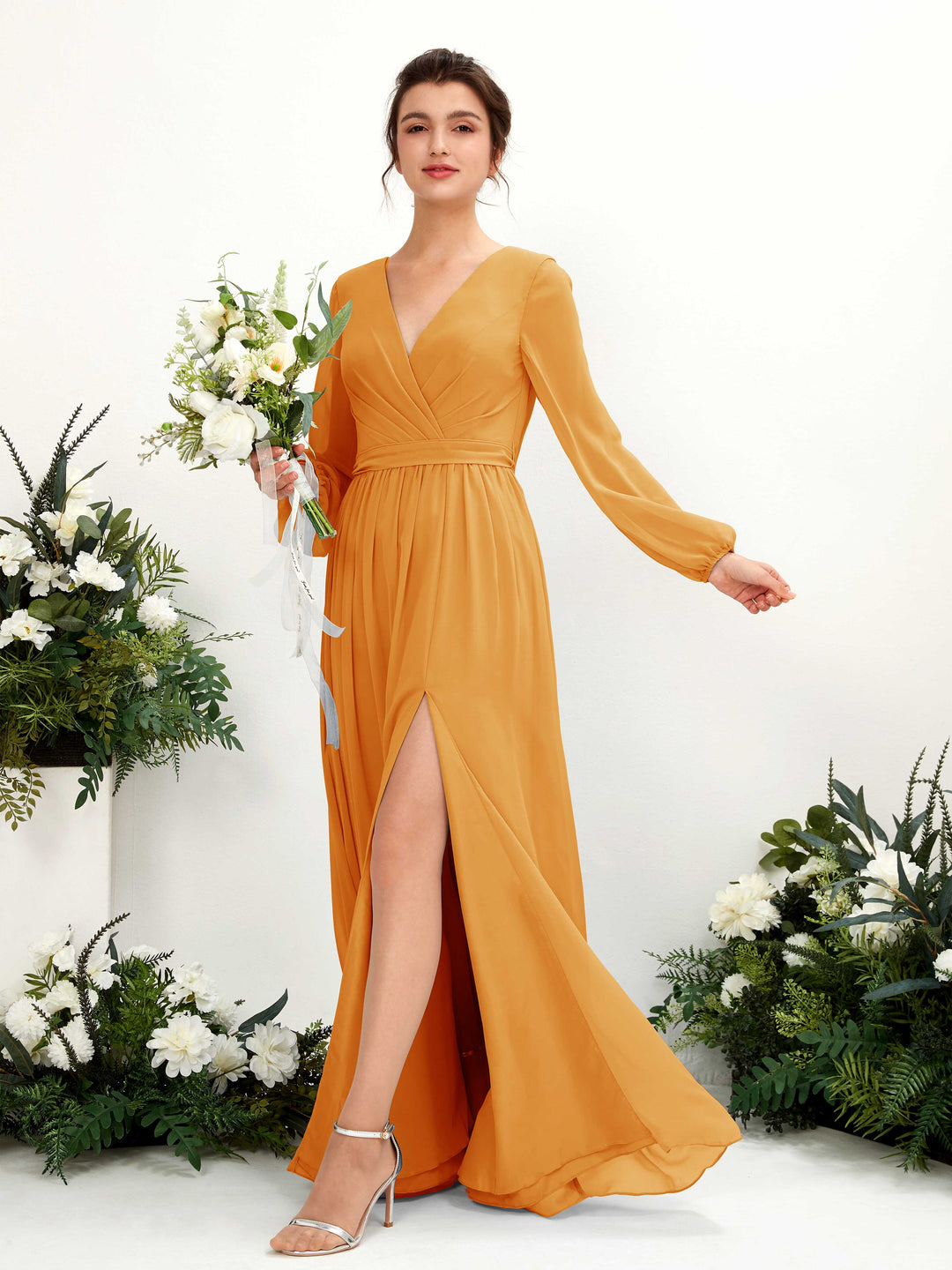 Carlyna Robe trapèze col V fente jambe manches longues longueur sol demoiselle d&