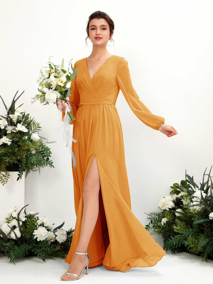 Carlyna Robe trapèze col V fente jambe manches longues longueur sol demoiselle d&